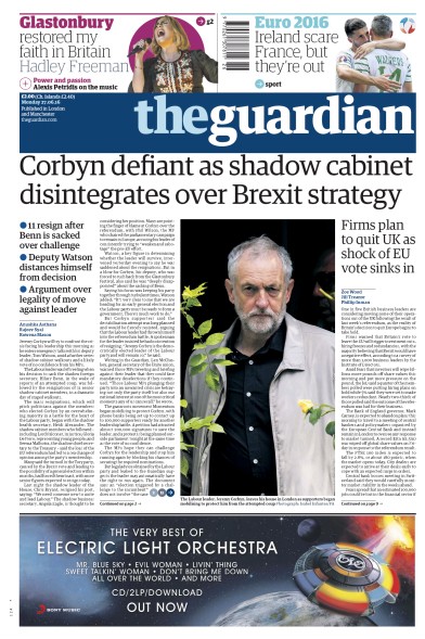 The Guardian Newspaper Front Page for 27 June 2016