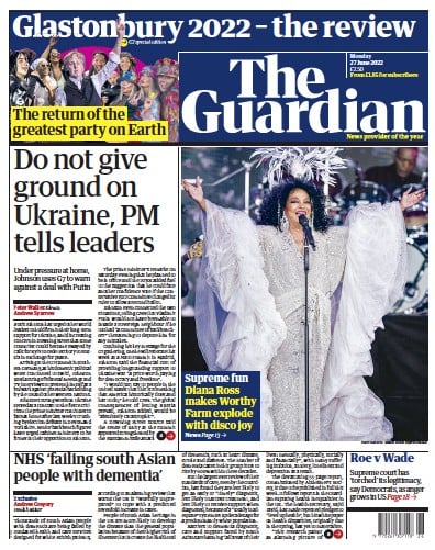 The Guardian (UK) Newspaper Front Page for 27 June 2022