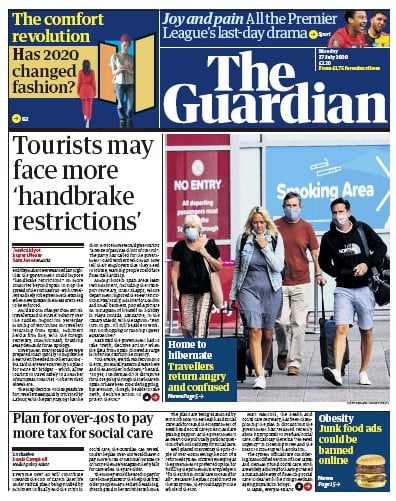 The Guardian Newspaper Front Page for 27 July 2020