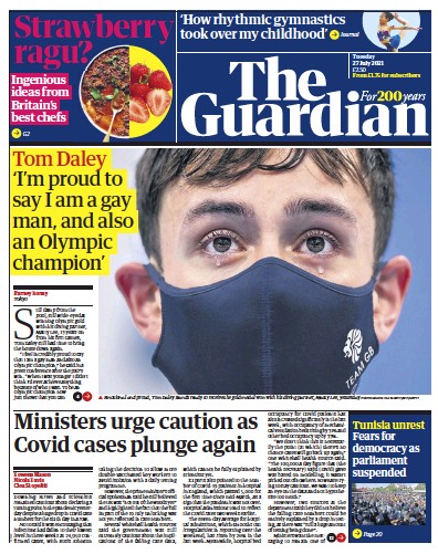 The Guardian (UK) Newspaper Front Page for 27 July 2021