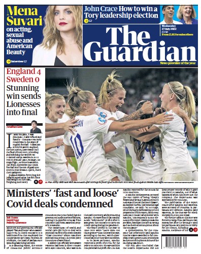 The Guardian Newspaper Front Page for 27 July 2022