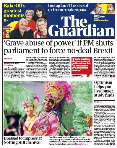 The Guardian Newspaper Front Page for 27 August 2019