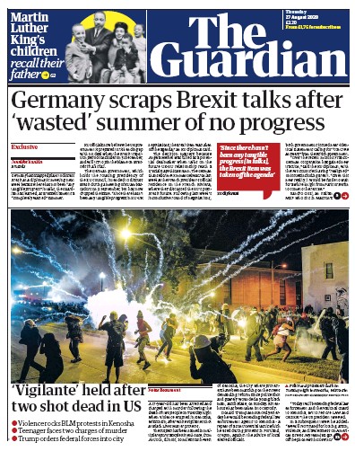 The Guardian Newspaper Front Page for 27 August 2020