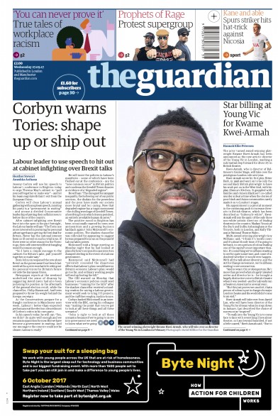 The Guardian Newspaper Front Page for 27 September 2017