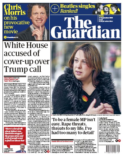 The Guardian Newspaper Front Page for 27 September 2019