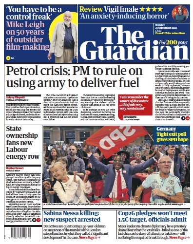 The Guardian (UK) Newspaper Front Page for 27 September 2021