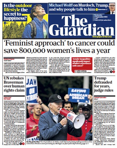 The Guardian Newspaper Front Page for 27 September 2023