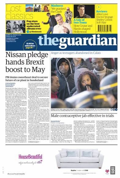 The Guardian Newspaper Front Page for 28 October 2016