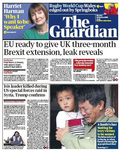 The Guardian Newspaper Front Page for 28 October 2019