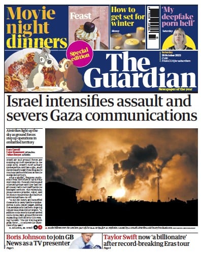 The Guardian (UK) Newspaper Front Page for 28 October 2023