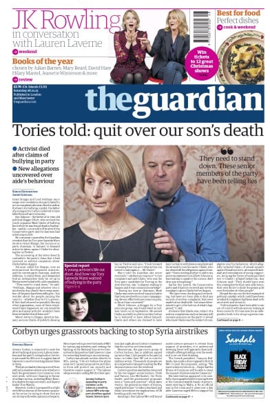 The Guardian Newspaper Front Page for 28 November 2015