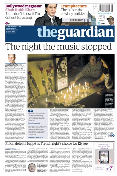 The Guardian (UK) Newspaper Front Page for 28 November 2016