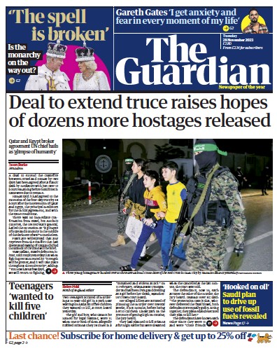 The Guardian (UK) Newspaper Front Page for 28 November 2023