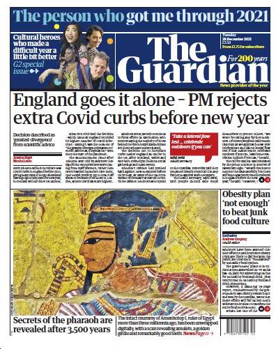 The Guardian (UK) Newspaper Front Page for 28 December 2021