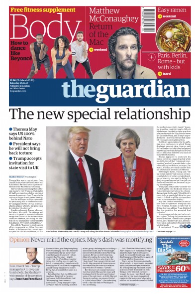 The Guardian Newspaper Front Page for 28 January 2017