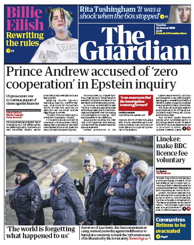 The Guardian (UK) Newspaper Front Page for 28 January 2020