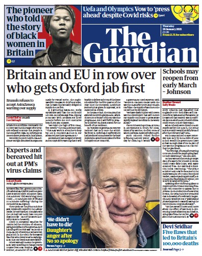 The Guardian Newspaper Front Page for 28 January 2021