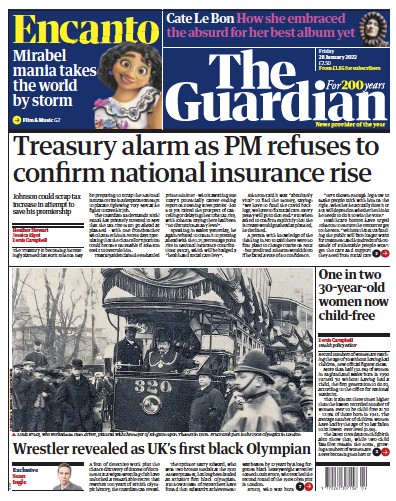 The Guardian (UK) Newspaper Front Page for 28 January 2022