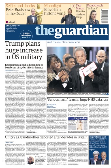 The Guardian Newspaper Front Page for 28 February 2017