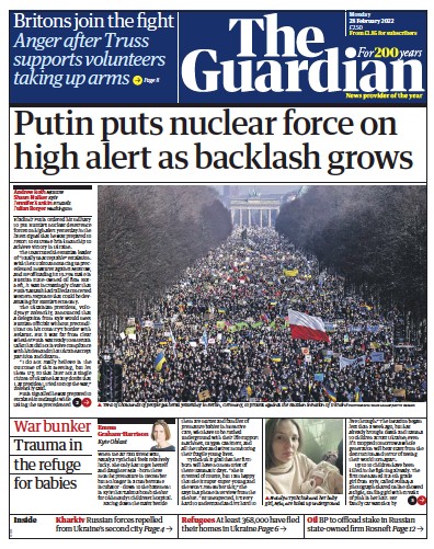 The Guardian (UK) Newspaper Front Page for 28 February 2022