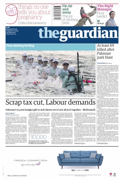 The Guardian (UK) Newspaper Front Page for 28 March 2016