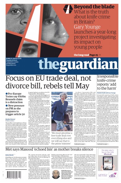 The Guardian (UK) Newspaper Front Page for 28 March 2017