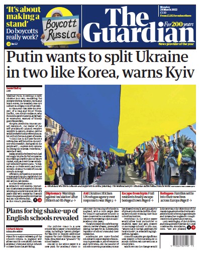 The Guardian Newspaper Front Page for 28 March 2022