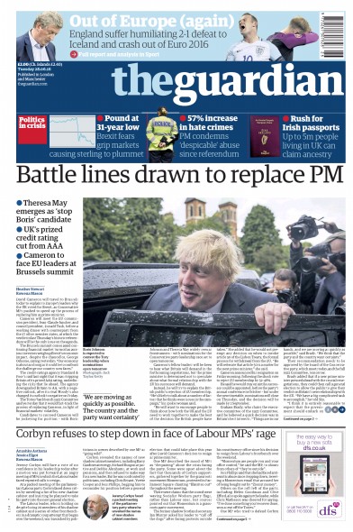 The Guardian Newspaper Front Page for 28 June 2016