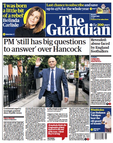 The Guardian (UK) Newspaper Front Page for 28 June 2021