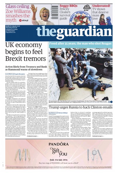 The Guardian Newspaper Front Page for 28 July 2016