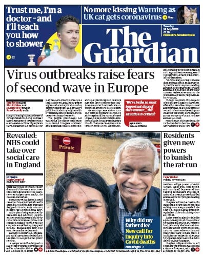 The Guardian Newspaper Front Page for 28 July 2020