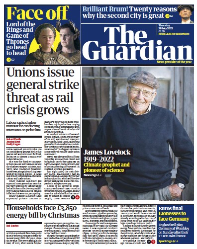 The Guardian Newspaper Front Page for 28 July 2022