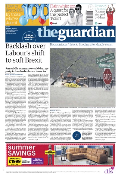 The Guardian (UK) Newspaper Front Page for 28 August 2017