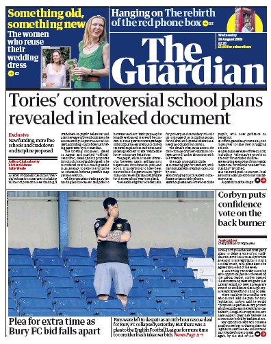 The Guardian Newspaper Front Page for 28 August 2019