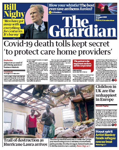 The Guardian Newspaper Front Page for 28 August 2020