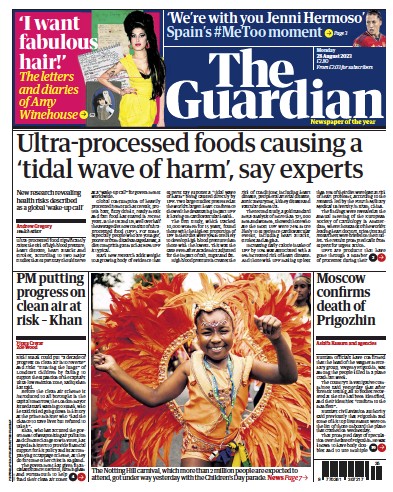 The Guardian (UK) Newspaper Front Page for 28 August 2023