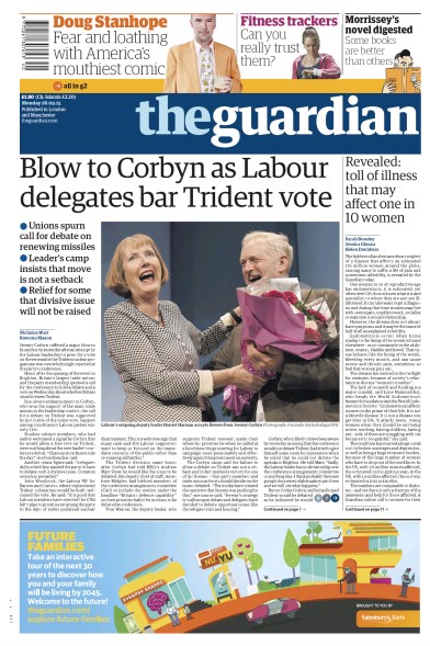 The Guardian (UK) Newspaper Front Page for 28 September 2015