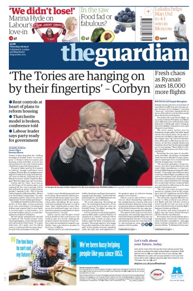 The Guardian Newspaper Front Page for 28 September 2017