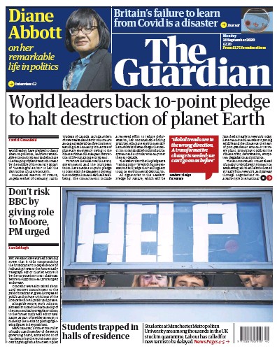The Guardian Newspaper Front Page for 28 September 2020
