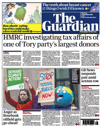 The Guardian Newspaper Front Page for 28 September 2023