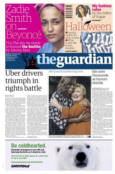 The Guardian (UK) Newspaper Front Page for 29 October 2016