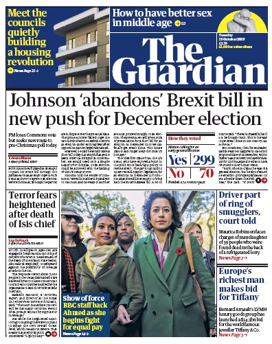 The Guardian Newspaper Front Page for 29 October 2019