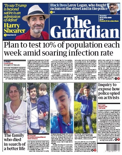 The Guardian Newspaper Front Page for 29 October 2020