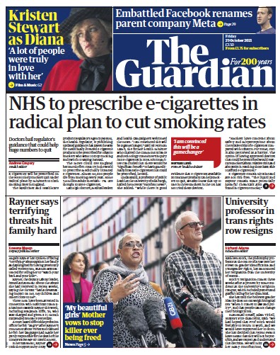The Guardian (UK) Newspaper Front Page for 29 October 2021