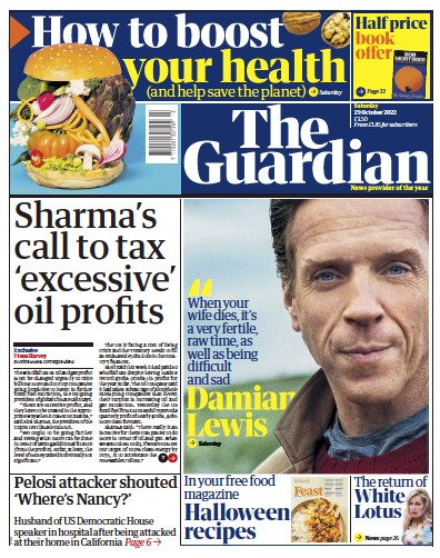 The Guardian (UK) Newspaper Front Page for 29 October 2022