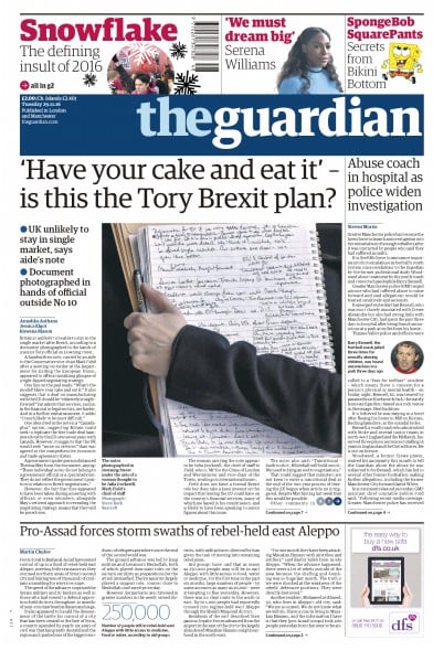 The Guardian Newspaper Front Page for 29 November 2016