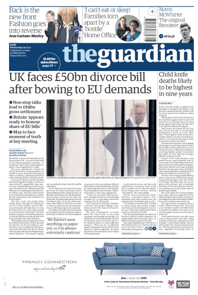 The Guardian Newspaper Front Page for 29 November 2017
