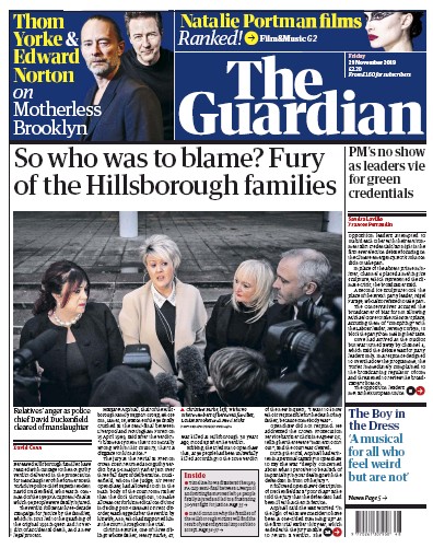 The Guardian Newspaper Front Page for 29 November 2019