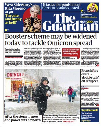 The Guardian (UK) Newspaper Front Page for 29 November 2021
