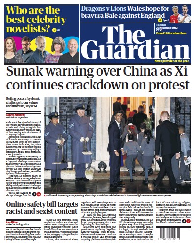 The Guardian (UK) Newspaper Front Page for 29 November 2022